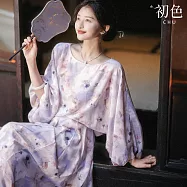 【初色】慵懶風寬鬆圓領燈籠袖收腰中長裙連衣裙連身洋裝長洋裝-紫色-33810(M-XL可選) M 紫色