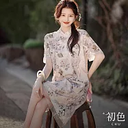 【初色】復古立領盤扣短袖印花拼接蕾絲旗袍中長裙連身洋裝連身裙洋裝-粉色-33812(M-XL可選) M 粉色