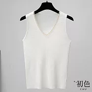 【初色】簡約V領金屬鍊條圍邊直條紋無袖背心上衣女上衣-共2色-33394(F可選) F 白色