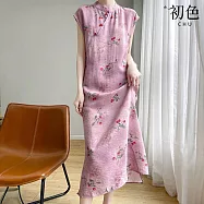 【初色】復古立領盤扣旗袍碎花印花開衩連身裙短袖連身洋裝中長裙洋裝-粉紅色-33779(M-2XL可選) M 粉紅色