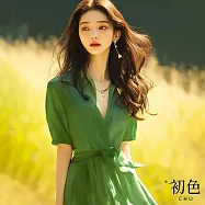 【初色】森林系翻領收腰綁帶連衣裙短袖連身洋裝長洋裝-綠色-34675(M-2XL可選) M 綠色