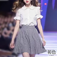 【初色】娃娃領素色單排扣休閒襯衫上衣/高腰格紋顯瘦半身裙-共2款-34686(M-XL可選) L 白色襯衫