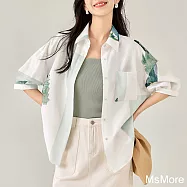 【MsMore】 畫家聯名白色印花五分短袖襯衫寬鬆防曬空調穿搭中長上衣# 122500 2XL 白色