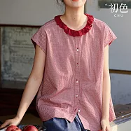 【初色】復古風蕾絲花邊圓領蓋肩袖無袖格紋背心襯衫上衣女上衣-共2色-34800(M-2XL可選) L 紅色