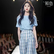 【初色】韓系涼爽休閒無袖短袖長裙連衣裙洋裝長褲短褲套裝-12款任選-36002(M-2XL可選) XL C.藍色