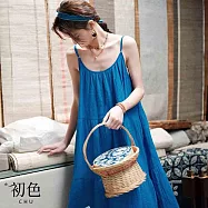 【初色】日系時尚克萊因藍顯白寬鬆無袖吊帶裙連身裙長裙洋裝-藍色-68944(M-2XL可選) M 藍色
