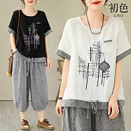 【初色】復古棉麻風拼接格紋刺繡圓領短袖上衣+鬆緊腰哈倫褲寬褲七分長褲套裝-共4色-69821(M-2XL可選) M 咖啡色