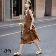 【初色】簡約風純色壓摺腰帶清涼無袖修身寬鬆圓領中長裙連身洋裝長洋裝-棕色-34903(M-2XL可選) M 棕色