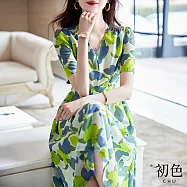 【初色】雪紡植物印花收腰顯瘦V領短袖中長裙連衣裙連身洋裝長洋裝-藍綠色-35102(M-2XL可選) M 藍綠色