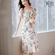 【初色】復古風旗袍式顯瘦收腰碎花泡泡袖方領開衩連衣裙連身洋裝長洋裝-花色-34995(M-2XL可選) 2XL 花色