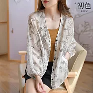 【初色】文藝風碎花印花V領單排釦長袖防曬襯衫外套女上衣-灰色-34981(M-2XL可選) 2XL 灰色