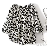 【ACheter】 娃娃衫上衣通勤甜美寬鬆V領領燈籠七分袖愛心棉質襯衫短版# 122629 XL 黑白色