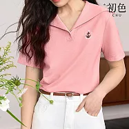 【初色】法式純色海軍領翻領短袖POLO衫T恤上衣女上衣-共3色-34976(M-2XL可選) M 粉色