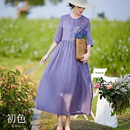 【初色】純色刺繡雪紡透膚綁帶修身圓領五分短袖連衣裙連身洋裝長洋裝-淺紫色-34882(M-2XL可選) M 淺紫色