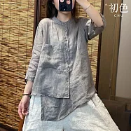 【初色】素色棉麻透氣輕薄不規則設計休閒立領七分袖襯衫上衣女上衣-共4色-35133(M-2XL可選) M 灰色