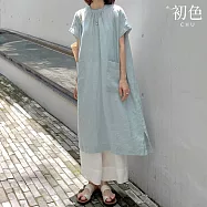 【初色】日系圓領短袖大口袋長裙連衣裙連身洋裝-薄荷綠-35134(M-2XL可選) M 薄荷綠