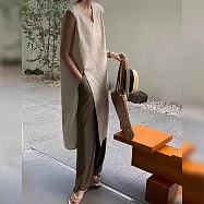 【慢。生活】中長款開衩無袖簡約V領寬鬆背心裙 31096 FREE 杏色