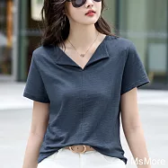 【MsMore】 短袖T恤純色竹節棉休閒簡約V雙開立領百搭短版上衣# 122614 L 湖藍色