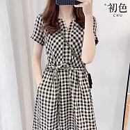 【初色】休閒風格紋收腰V領遮肉顯瘦短袖A字裙連衣裙連身洋裝中長洋裝-格子-35095(M-2XL可選) L 格子