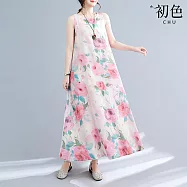 【初色】波西米亞風印花無袖圓領長裙連衣裙連身洋裝長洋裝-粉色-35154(M-2XL可選) M 粉色