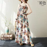 【初色】波西米亞風花朵印花無袖圓領綁帶長裙連衣裙連身洋裝長洋裝-花色-35155(F可選) F 花色