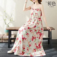 【初色】波西米亞度假風休閒印花寬鬆顯瘦無袖吊帶連衣裙長洋裝-紅色-35178(F可選) F 紅色