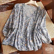 【初色】V領盤扣碎花印花收腰顯瘦五分短袖T恤上衣女上衣-花色-35051(M-3XL可選) M 花色