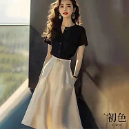 【初色】單排扣圓領素色小香風短袖T恤上衣+緞面高腰顯瘦寬鬆半身裙套裝-黑米色-35425(M-XL可選) L 黑米色