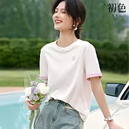 【初色】龍年刺繡休閒簡約撞色編條圓領短袖T恤上衣女上衣-白色-35319(M-3XL可選) 3XL 白色