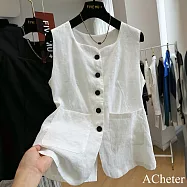 【ACheter】 新款高端純亞麻氣質修身西裝馬甲薄款無袖背心外套短版上衣# 122787 XL 白色