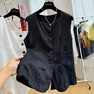 【ACheter】 新款高端純亞麻氣質修身西裝馬甲薄款無袖背心外套短版上衣# 122787 XL 黑色