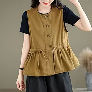 【ACheter】 全棉馬甲外套寬鬆顯瘦圓領減齡抽繩荷葉邊無袖短版背心上衣# 122744 M 卡其色