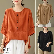 【初色】棉麻素色裝飾鈕扣拼接大碼寬鬆落肩袖五分短袖圓領T恤上衣女上衣-共3色-35726(L-4XL可選) L 桔紅色