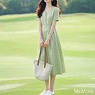 【MsMore】 法式端莊大氣小個子顯高短袖度假綠色V領收腰棉麻感長洋裝# 122778 2XL 綠色