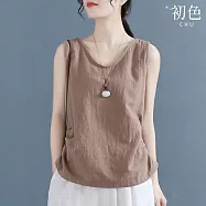 【初色】復古風寬鬆素色圓領無袖背心T恤上衣女上衣-35439(M-4XL可選) 2XL 卡其色