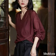 【MsMore】 簡約大氣酒紅舒適絲棉感七分袖V領廓形短版寬鬆上衣# 122848 M 酒紅色