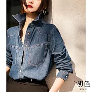 【初色】復古水洗牛仔翻領襯衫上衣外套-牛仔藍-66371(M-2XL可選) M 牛仔藍