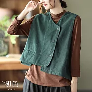 【初色】復古斜紋棉麻風不規則短版無袖背心坎肩馬甲外套-共3色-64159(L/XL可選) L 綠色