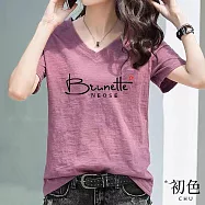 【初色】V領英文印花素色短袖上衣-共6色-63033(M-2XL可選) M 紫色