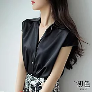 【初色】文藝簡約V領純色襯衫上衣-共3色-62858(M-2XL可選) M 黑色