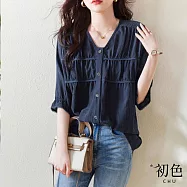 【初色】寬鬆V領單排扣大碼蕾絲邊拼接五分短袖襯衫上衣-藏青色-68406(M-2XL可選) M 藏青色