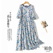 【初色】復古棉麻風印花洋裝-藍紫色-62085(M-2XL可選) XL 藍紫色