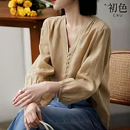 【初色】排扣棉麻風九分泡泡袖襯衫T恤上衣-共4色-66703(M-XL可選) L 淺卡其