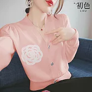 【初色】V領單排扣印花點綴氣質針織外套上衣-共3色-66637(F可選) F 粉紅色