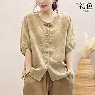 【初色】休閒純色輕薄透氣復古盤扣圓領短袖襯衫上衣女上衣-共4色-35455(M-3XL可選) 2XL 卡其色