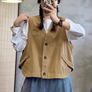 【ACheter】 棉馬甲新款V領寬鬆大碼百搭休閒疊穿背心短版外套# 122843 L 米黃色