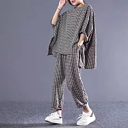 【ACheter】 大碼七分袖方圓領棉麻感九分褲套裝寬鬆文藝復古格子2件式# 122868 2XL 黑色