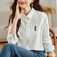 【MsMore】 小熊秋牛津紡白色襯衫棉長袖簡約短版上衣# 122949 XL 白色