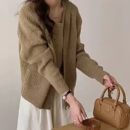 【MsMore】 甜美慵懶毛衣下雙排扣開襟衫寬鬆長袖外套小可愛針織兩件式上衣套裝# 122961 FREE 卡其色
