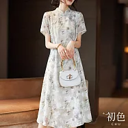 【初色】中式立領旗袍風連衣裙古風印花短袖連身洋裝長洋裝-花色-35262(M-2XL可選) L 花色